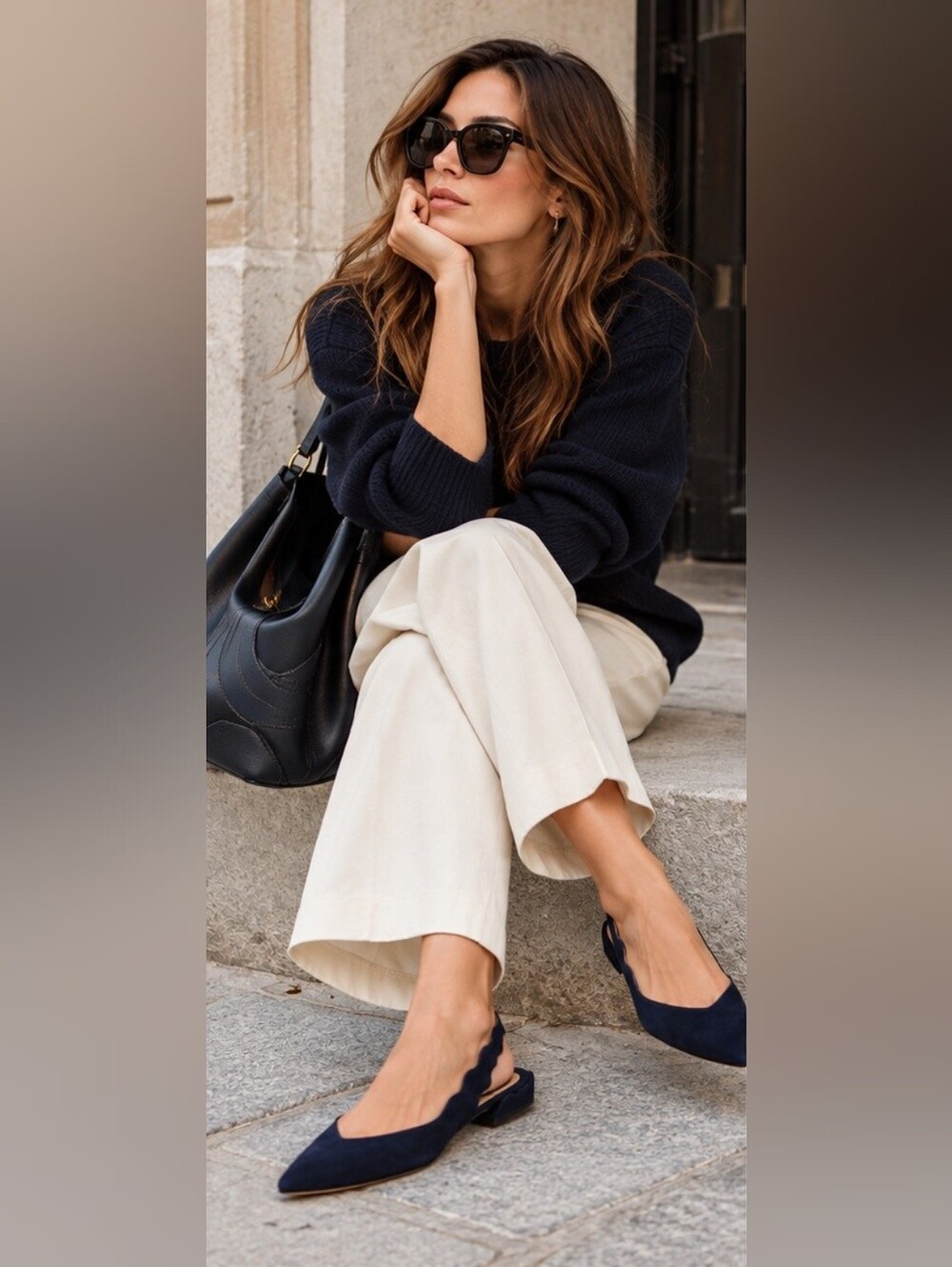 Chloé Laurena Navy Suede Scallop Slingback Flats EU 38.5 Pointed Toe Ballet Shoe